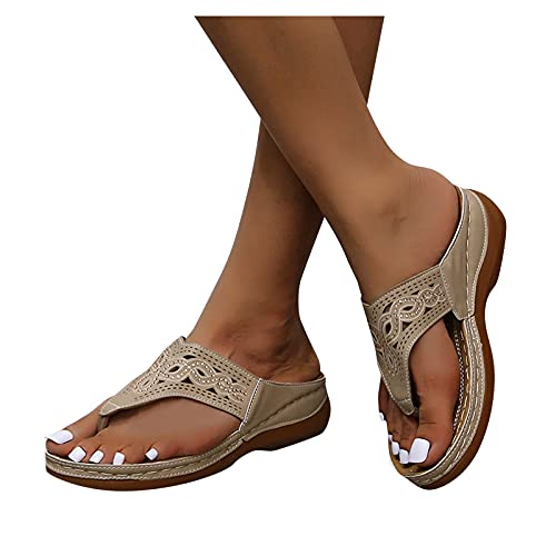 Orthopädische Sandalen für Frauen Sommer Hausschuhe mit Arch Support Rutschfeste Atmungsaktiv Vintage Sandalette Walking Flip Flop mit Keilabsatz Strandsandalen Zehentrenner Keilsandaletten von Sunggoko