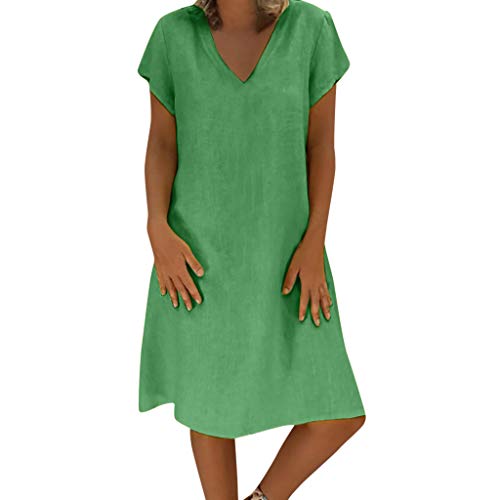 Sommerkleid Damen Leinen Kleider Casual T-Shirt Kleid Kurzarm V-Ausschnitt Midikleid A-Linie Strandkleid Große größen Tunika Kleider Knielanges Freizeitkleider Einfarbig Shirtkleider von Sunggoko