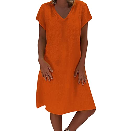 Sommerkleid Damen Leinen Kleider Casual T-Shirt Kleid Kurzarm V-Ausschnitt Midikleid A-Linie Strandkleid Große größen Tunika Kleider Knielanges Freizeitkleider Einfarbig Shirtkleider von Sunggoko