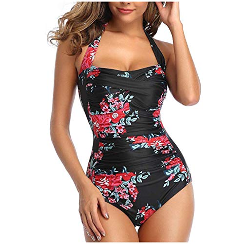 Sunggoko Badeanzug Damen Große Größen Bauchweg Damen Einteiler Push Up Gepolsterter Bikini Badeanzug Bademode Badeanzug Monokini Bikini Oberteil Schwarz (Red Floral, XXXL) von Sunggoko