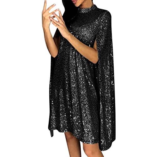 Sunggoko Damen Kleid Sommer Stehkragen Paillette Casualkleid Cape Mantel Einfarbiges Wickelkleid Knielanges Glitzerkleid Langarm Rockabilly Cocktailkleid Hochwertiges Festlich Partykleid von Sunggoko