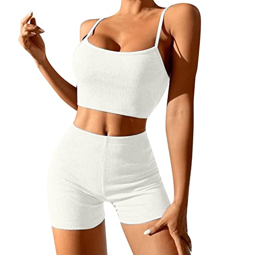 Sunggoko Damen Shorts und Top Sets 2 Piece Spaghettiträger Bauchfrei Tops Camisole Kurze Hose Hauseanzug Kombi 2 Teiliger Home Set SportanzüGe Lockere Tracksuit Set Zweiteiler Yoga Outfit von Sunggoko