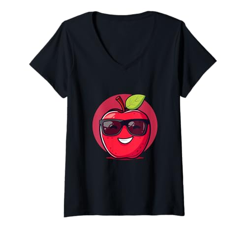 Damen Lustiger roter Apfel mit Sonnenbrille für Obstliebhaber T-Shirt mit V-Ausschnitt Damen Lustiger roter Apfel mit Sonnenbrille für Obstliebhaber T-Shirt mit V-Ausschnitt von Sunglasses Apple