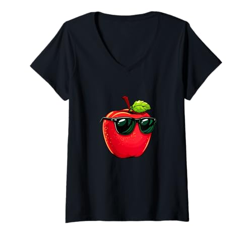 Damen Sonnenbrille trägt Apfel für einen frischen und coolen Look T-Shirt mit V-Ausschnitt Damen Sonnenbrille trägt Apfel für einen frischen und coolen Look T-Shirt mit V-Ausschnitt von Sunglasses Apple