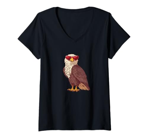Damen Cooles schönes Adler mit Herz Sonnenbrille Kostüm T-Shirt mit V-Ausschnitt von Sunglasses Eagle
