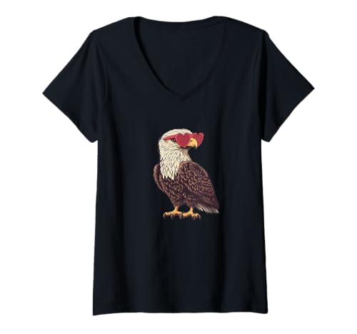 Damen Nice Heart and Love Sonnenbrille mit coolem Adler Outfit T-Shirt mit V-Ausschnitt von Sunglasses Eagle