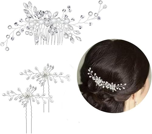 Sunjiyan Brautschmuck Hochzeit Haarkamm, 3 Stück Slides Perlen Haarspange Kristall Ranke Silber Strass Haarnadeln Braut Blume Kopfschmuck für Haarschmuck Frauen Mädchen Hochzeit Party von Sunjiyan