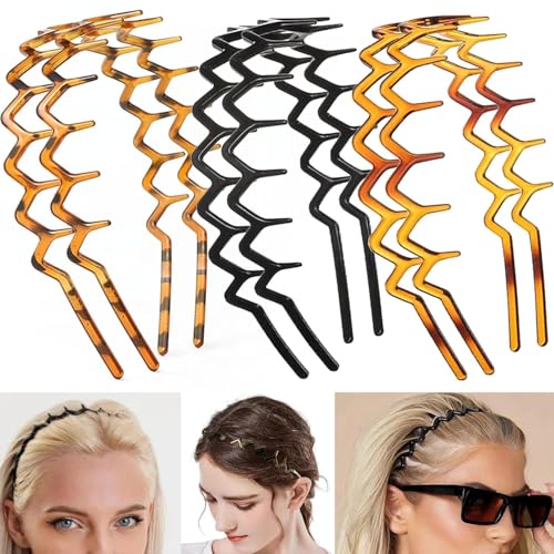 Sunkangkang Zickzack-Stirnbänder aus Kunststoff, gewellt, Haarband, Kamm mit Zähnen, Zubehör für Damen, Herren, Mädchen, klassisches Schwarz und Retro-Leopardenmuster, 6 Stück von Sunkangkang