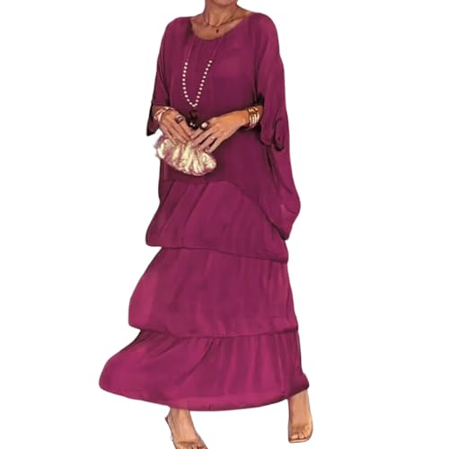 Artistic Style Loose Dress Damen Casual A-Linie Kleid Rundhals Fledermausärmel Langes Kleid Boho Urlaub Maxi, rot, Small von Sunlighty