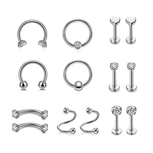 Sunligoo 14stk Lippenpiercing Nasenpiercing Ohrpiercing 16ga Chirurgenstahl Septum Helix Knorpel Tragus Ohr Nase Lippe Piercing Schmuck für Damen Herren Silber von Sunligoo