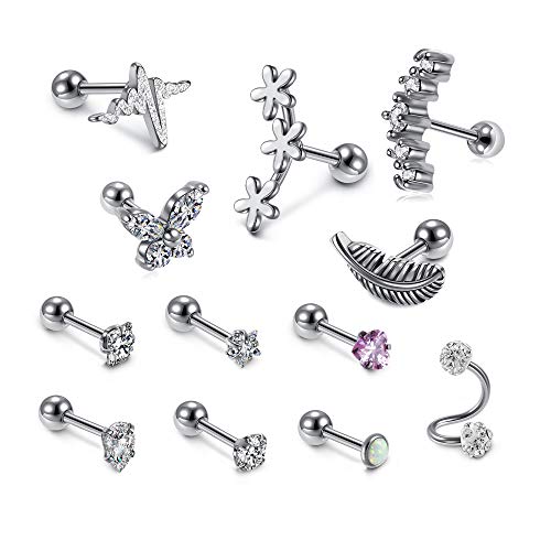 Sunligoo 12stk 16G Helix Tragus Knorpel Piercings Set aus Edelstahl Ohrstecker Ohr CZ Stud für Damen Frauen von Sunligoo