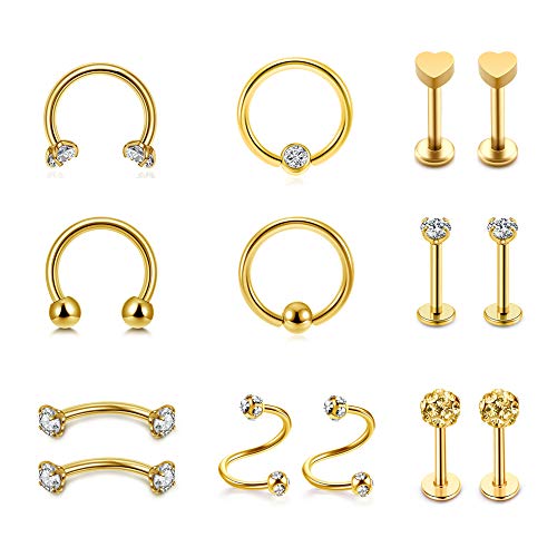 Sunligoo 14stk Lippenpiercing Nasenpiercing Ohrpiercing 16ga Chirurgenstahl Septum Helix Knorpel Tragus Ohr Nase Lippe Piercing Schmuck für Damen Herren Gold von Sunligoo