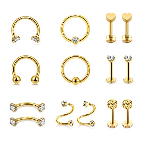 Sunligoo Piercing Set 14 Stücke 16ga Helix Piercings Gold Chirurgenstahl Lippenpiercing, Nasenpiercing, Ohrpiercing Schmuck für Damen Herren von Sunligoo