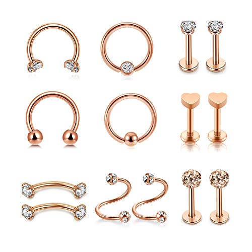 Sunligoo 14stk Lippenpiercing Nasenpiercing Ohrpiercing 16ga Chirurgenstahl Septum Helix Knorpel Tragus Ohr Nase Lippe Piercing Schmuck für Damen Herren Rosegold von Sunligoo