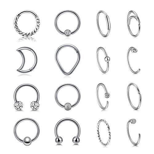 Sunligoo 16stk Nasenpiercing Nasenring Septum Piercing Gold Silber Clicker Ring Set aus Chirurgenstahl 16G 20G 8mm Nasepiercing Schmuck für Frauen Männer Silber von Sunligoo