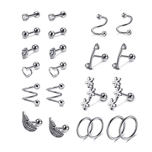 Sunligoo 22 Stück Ohrstecker Ohrringe Set 16Ga Ohrpiercing Edelstahl Tragus Piercing Helix Stab Knorpel Ohrstecker Creolen Spiralen Ohrknorpel Conch Schmuck für Damen Herren von Sunligoo