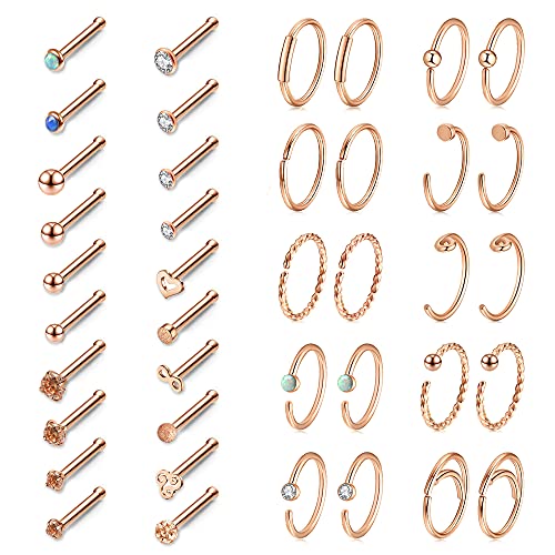 Sunligoo 40pcs Chirurgenstahl Nasenpiercing 20G Nasenring Nasenstecker mit Zirkonia Opal Kugel Nase Schmuck Septum Ring Ohr Knorpel Piercing Set für Frauen Männer von Sunligoo