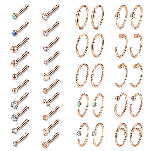 Sunligoo 40pcs Chirurgenstahl Nasenpiercing 20G Nasenring Nasenstecker mit Zirkonia Opal Kugel Nase Schmuck Septum Ring Ohr Knorpel Piercing Set für Frauen Männer von Sunligoo