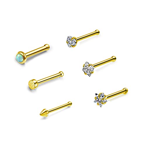 Sunligoo 6stk Nasenstecker Gold Silber Rosegold 316L Chirurgenstahl Nasenpiercing Set 20G Gerade Nase Stud Nostril Piercing Schmuck mit Zirkonia Opal für Damen Herren (Gold) von Sunligoo