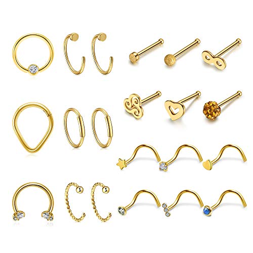 Sunligoo Nasenpiercing Gold 21Stück 16ga 20ga Chirurgenstahl Nasenring Nasenstecker Set für Nostril Piercing Septum Schmuck Damen Herren von Sunligoo