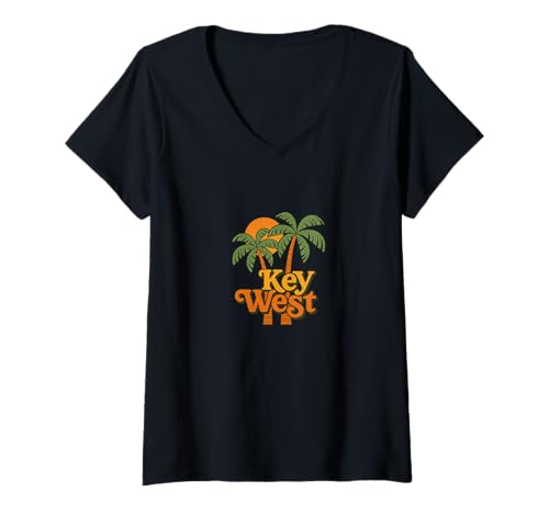 Damen Urlaub auf Palm Island im Retrostil bei Sonnenuntergang in Key West Florida T-Shirt mit V-Ausschnitt von Sunlit Corals Key West Emporium