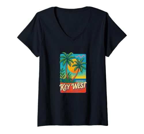 Damen Urlaub auf Palm Island im Retrostil bei Sonnenuntergang in Key West Florida T-Shirt mit V-Ausschnitt von Sunlit Corals Key West Emporiums