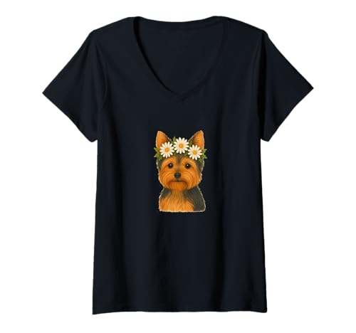 Damen Entzückender Yorkshire Terrier mit Gänseblümchen-Krone für Frühling und Sommer T-Shirt mit V-Ausschnitt von Sunlit Meadow Companions Arts