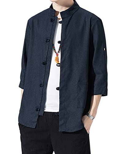 Sunma Herren Retro Chinesischer Stil Strickjacke Mantel 3/4 Ärmel Hemden Einfarbig Cardigan Jacke von Sunma