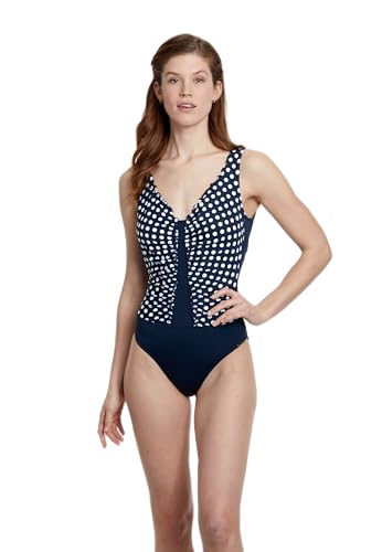 Sunmarin Badeanzug Einteiler getupft weiß mit Softschalen großer Cup mit tiefen Rücken Nachtblau Uni von Sunmarin
