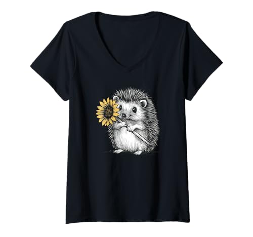 Damen Süßer Igel mit Sonnenblume T-Shirt mit V-Ausschnitt Damen Süßer Igel mit Sonnenblume T-Shirt mit V-Ausschnitt von Sunnenblumen und Igel