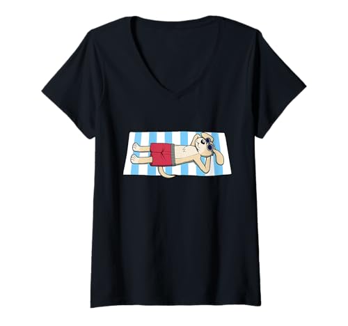 Damen Lustiger Hund, Sonnenbaden, Cartoon-Design, niedliches entspannendes Tier T-Shirt mit V-Ausschnitt von Sunny Animal Vibes - Dog Edition