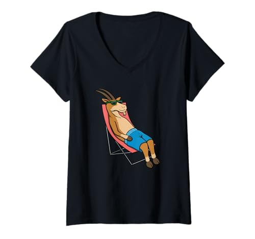 Damen Lustiges Ziegen-Sonnenbaden-Cartoon-Design, niedliches entspannendes Tier T-Shirt mit V-Ausschnitt von Sunny Animal Vibes - Goat Edition