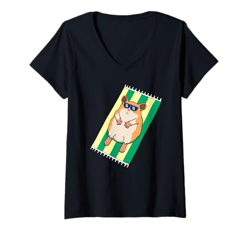 Damen Lustiges Hamster-Sonnenbaden-Cartoon-Design, niedliches entspannendes Tier T-Shirt mit V-Ausschnitt von Sunny Animal Vibes - Hamster Edition