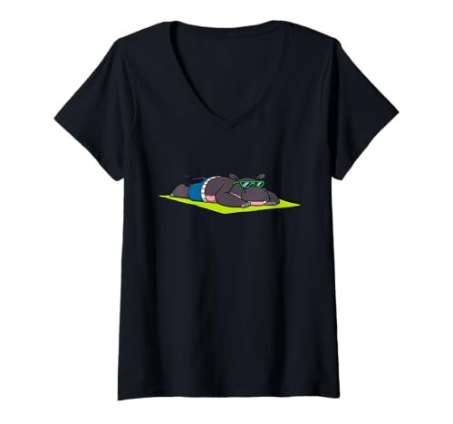 Damen Lustiges Nilpferd, Sonnenbaden, Cartoon-Design, niedlich, entspannend T-Shirt mit V-Ausschnitt von Sunny Animal Vibes - Hippopotamus Edition