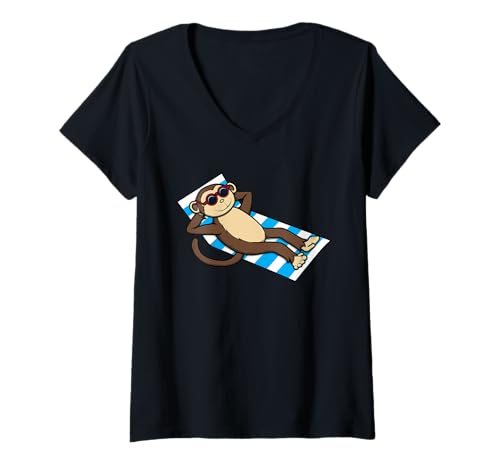 Damen Lustiger AFFE zum Sonnenbaden, Cartoon-Design, niedliches entspannendes Tier T-Shirt mit V-Ausschnitt Damen Lustiger AFFE zum Sonnenbaden, Cartoon-Design, niedliches entspannendes Tier T-Shirt mit V-Ausschnitt von Sunny Animal Vibes - Monkey Edition