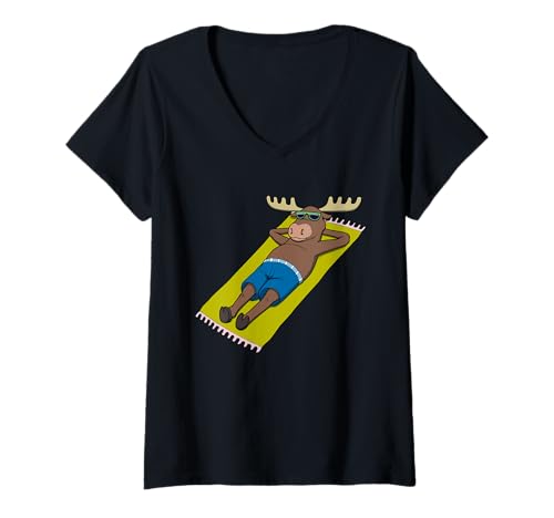 Damen Lustiger Elch, Sonnenbad, Cartoon-Design, niedliches entspannendes Tier T-Shirt mit V-Ausschnitt von Sunny Animal Vibes - Moose Edition