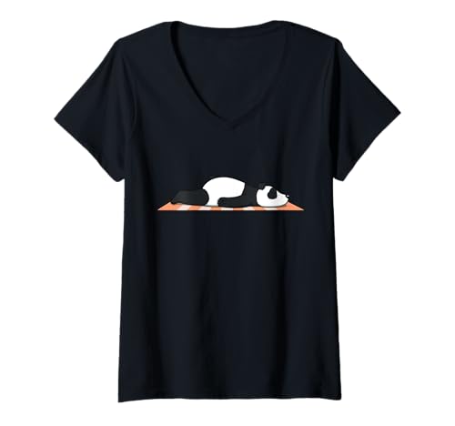 Damen Lustiger Panda, Sonnenbaden, Cartoon-Design, niedliches entspannendes Tier T-Shirt mit V-Ausschnitt von Sunny Animal Vibes - Panda Edition