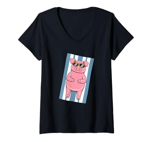 Damen Lustiges Schwein Sonnenbaden, Cartoon-Design, niedliches entspannendes Tier T-Shirt mit V-Ausschnitt von Sunny Animal Vibes - Pig Edition