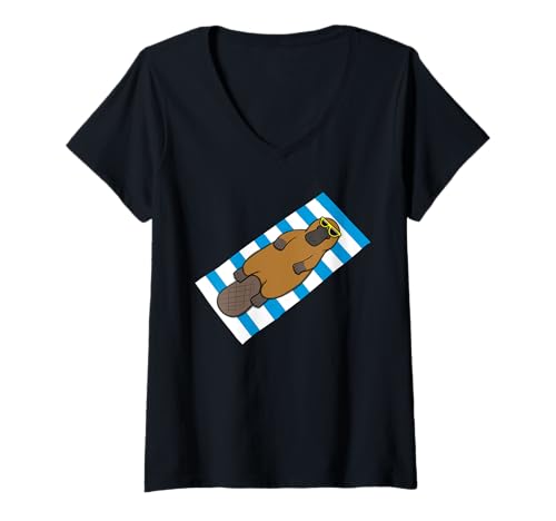 Damen Lustiges Schnabeltier zum Sonnenbaden, Cartoon-Design, niedlich, entspannend T-Shirt mit V-Ausschnitt von Sunny Animal Vibes - Platypus Edition