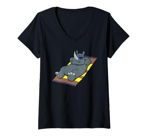 Damen Lustiges Nashorn, Sonnenbaden, Cartoon-Design, niedliches entspannendes Tier T-Shirt mit V-Ausschnitt von Sunny Animal Vibes - Rhino Edition