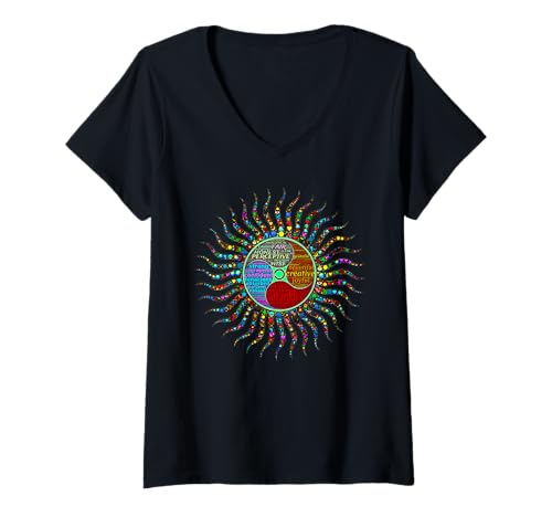 Damen Sun Word Cloud Mandala T-Shirt mit V-Ausschnitt Damen Sun Word Cloud Mandala T-Shirt mit V-Ausschnitt von Sunny Designs by Peacedancers