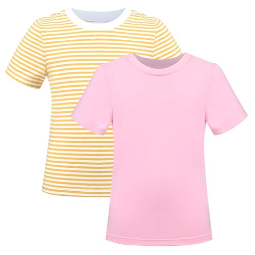 2 Pack Mädchen T-Shirt Solide Gestreift Basic Baumwolle Essentiell Rundhalsausschnitt Sanft Gr. 140-146,Rosa Gelb,140-146 von Sunny Fashion