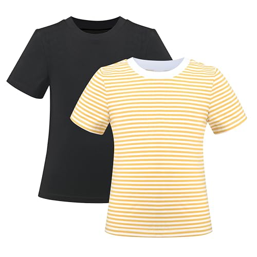 2 Pack Mädchen T-Shirt Top- Abschlag Solide Gestreift Basic Beiläufig Rundhals Gr. 98-104,Gelb Schwarz,98-104 von Sunny Fashion