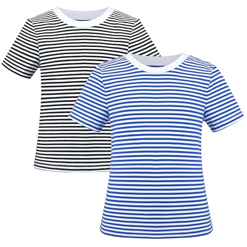 2 Pack Mädchen T-Shirt Top- Abschlag Solide Gestreift Basic Gemütlich Baumwolle Essentiell Gr. 128-134,Blau Schwarz,128-134 von Sunny Fashion