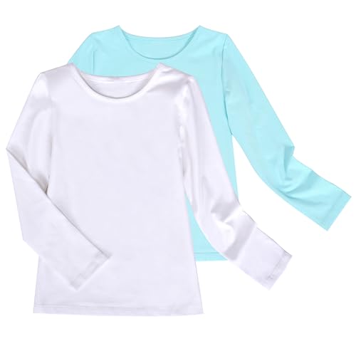 2 Pack Mädchen Top- T-Shirt Basic Langarm Baumwolle Beiläufig Schuluniform Gr. 116-122,Weiß Blau,116-122 von Sunny Fashion