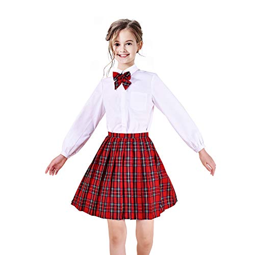 3-teilige Schuluniform Mädchen Weiß Bluse Schleife rot Tartan Rock Gr. 140-146 von Sunny Fashion