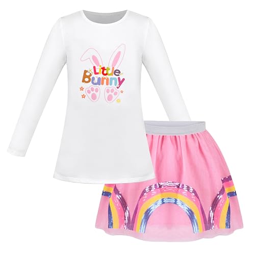 Mädchen 2 Stück Setzen Hemd Regenbogen Rock Ostern Hase Kaninchen Festlich Beiläufig Gr. 110,Rosa Regenbogen,110 von Sunny Fashion
