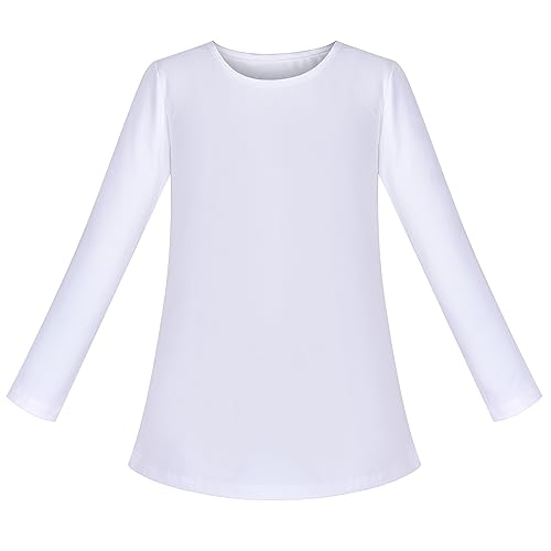 Mädchen Abschlag Weiß T-Shirt Rundhalsausschnitt Sanft Schichtung Basic Baumwolle Beiläufig Gr. 128-134,Schlicht weiß,128-134 von Sunny Fashion