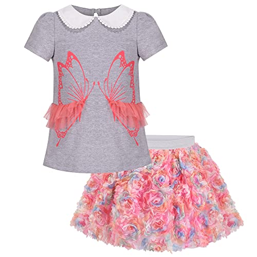 Mädchen Grau 2 Stück Hemd Schmetterling Multicolor Regenbogen Blumen- Rock Gr. 98-104 von Sunny Fashion