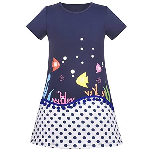 Mädchen Kleid A-Linie Baumwolle Fisch Punkt Blau Meer Ozean Kurzarm Gr. 110 von Sunny Fashion